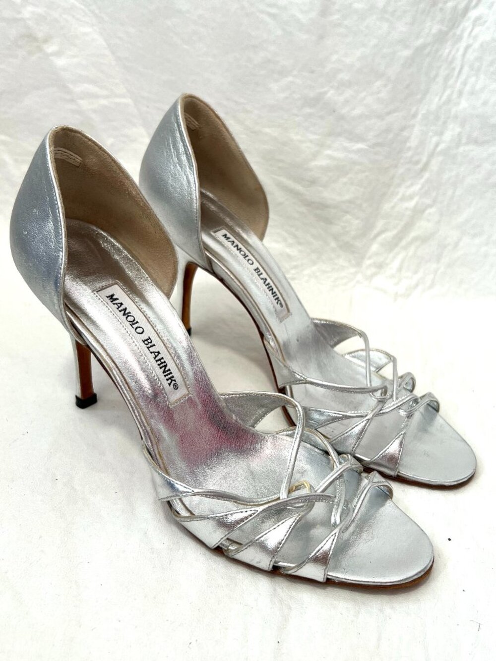 Manolo Blahnik high heel shoes IT 37 7 silver leather criss cross strap d'orsay